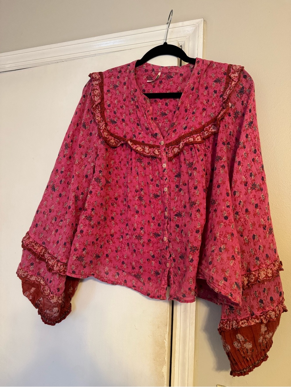 Free People Pink Floral Ruffle Blouse